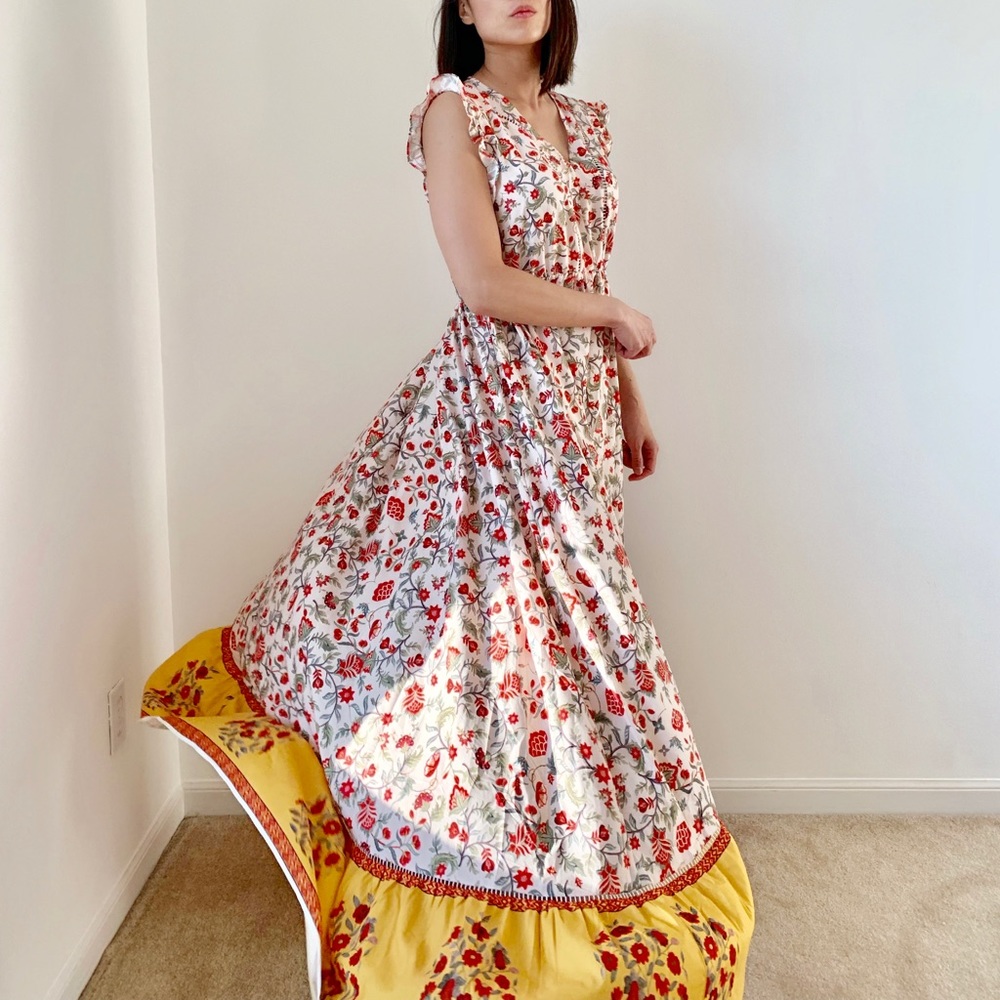 CHICBOMB White Floral Maxi Dress with Red and Yellow Accents